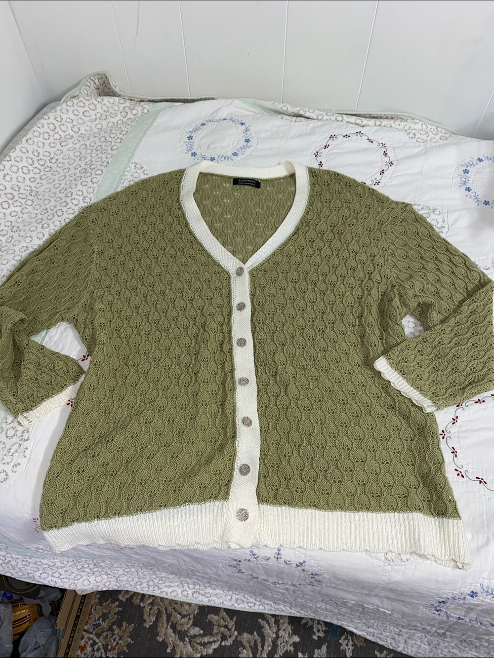 BloomChic Olive Green Knit Cardigan with Cream Trim